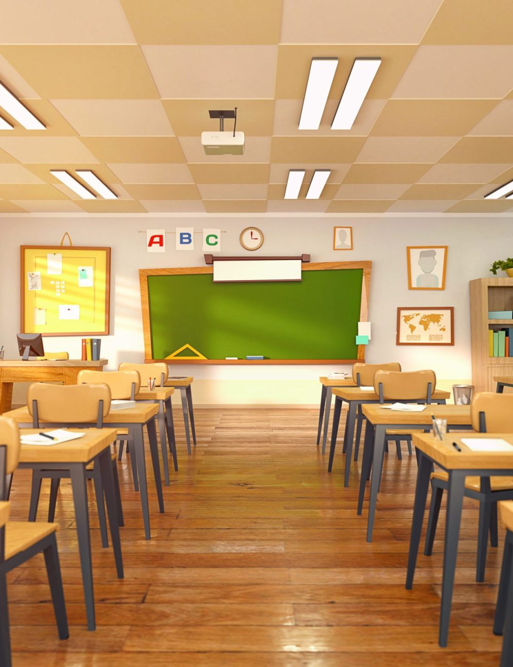 Empty school classroom in cartoon style. Education concept without students. 3d render interior illustration. Back to school design template.